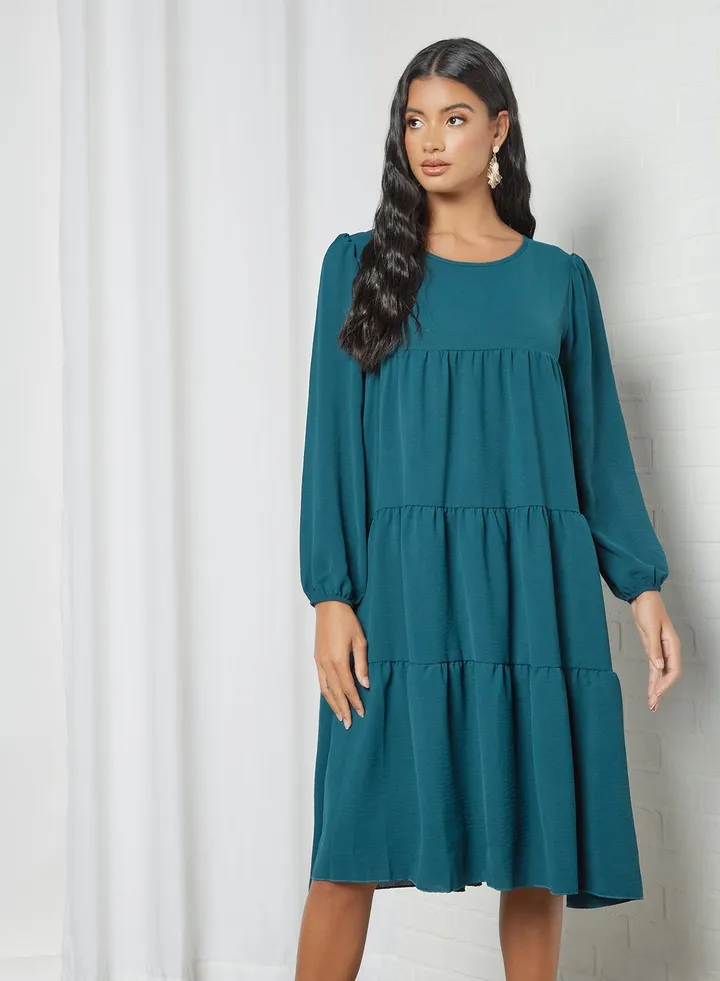 Puff Sleeve Tiered Dress Teal