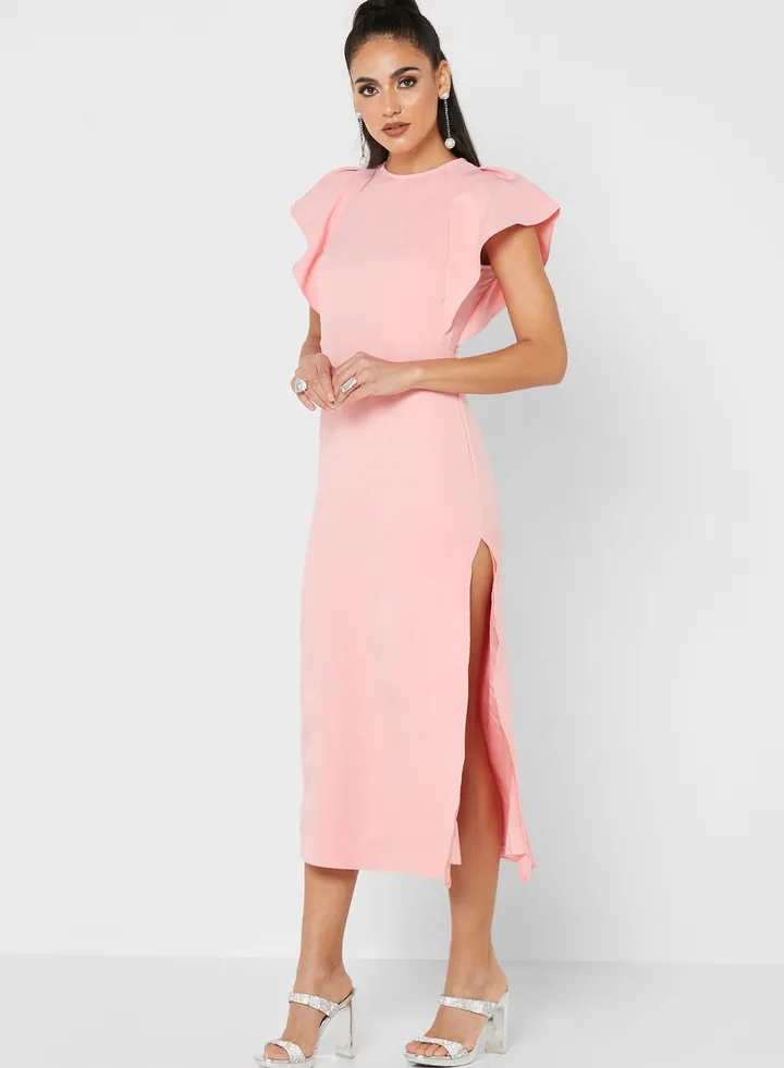 Frill Sleeve Dress With Side Slit