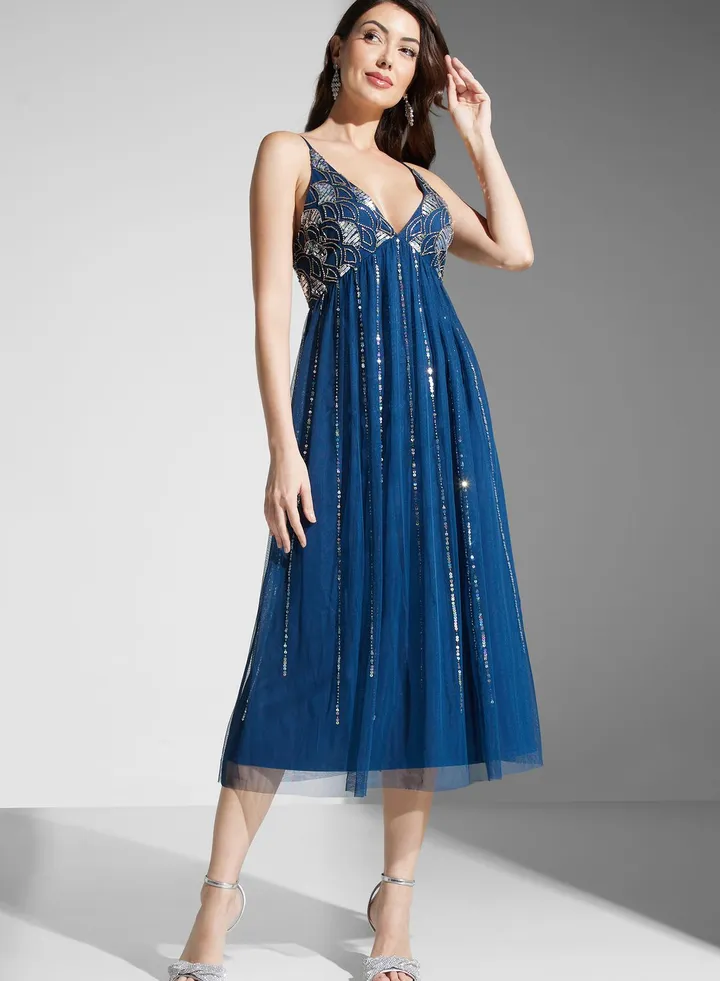 V Neck Embellished Midi Dress