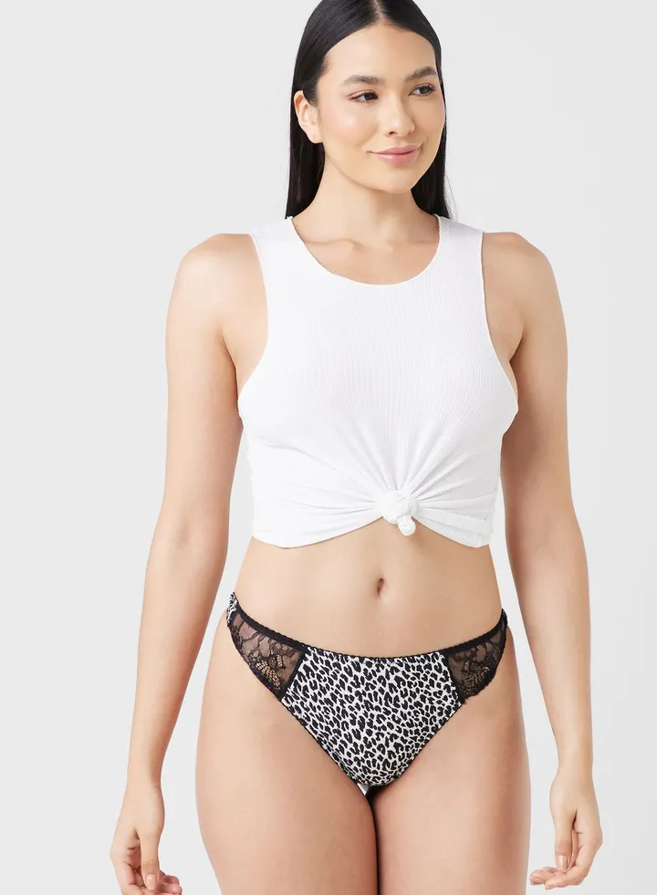 Printed Lace Detail Thong