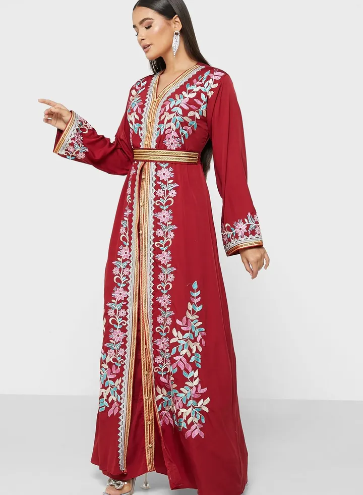 Embellished V-Neck Belted Dress