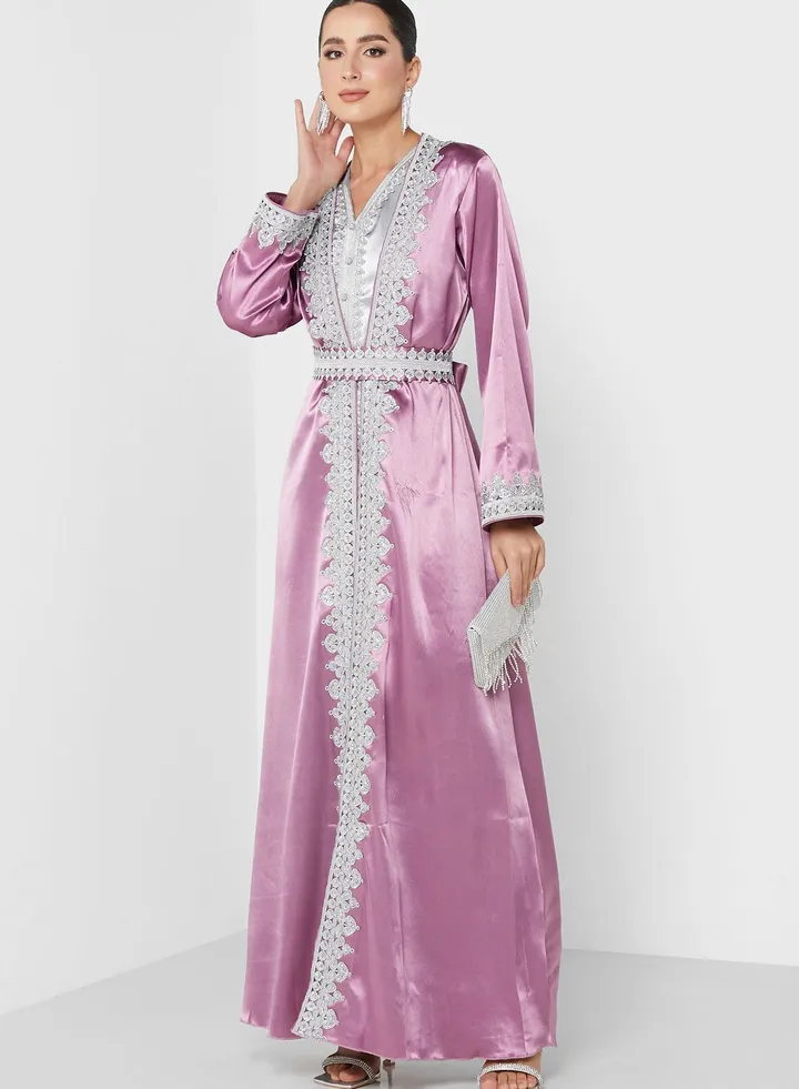 Embellished V-Neck Belted Dress