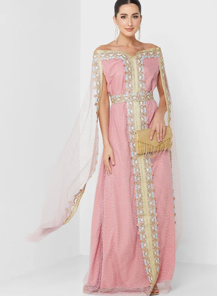 Bardot Split Sleeve Embellished Dress