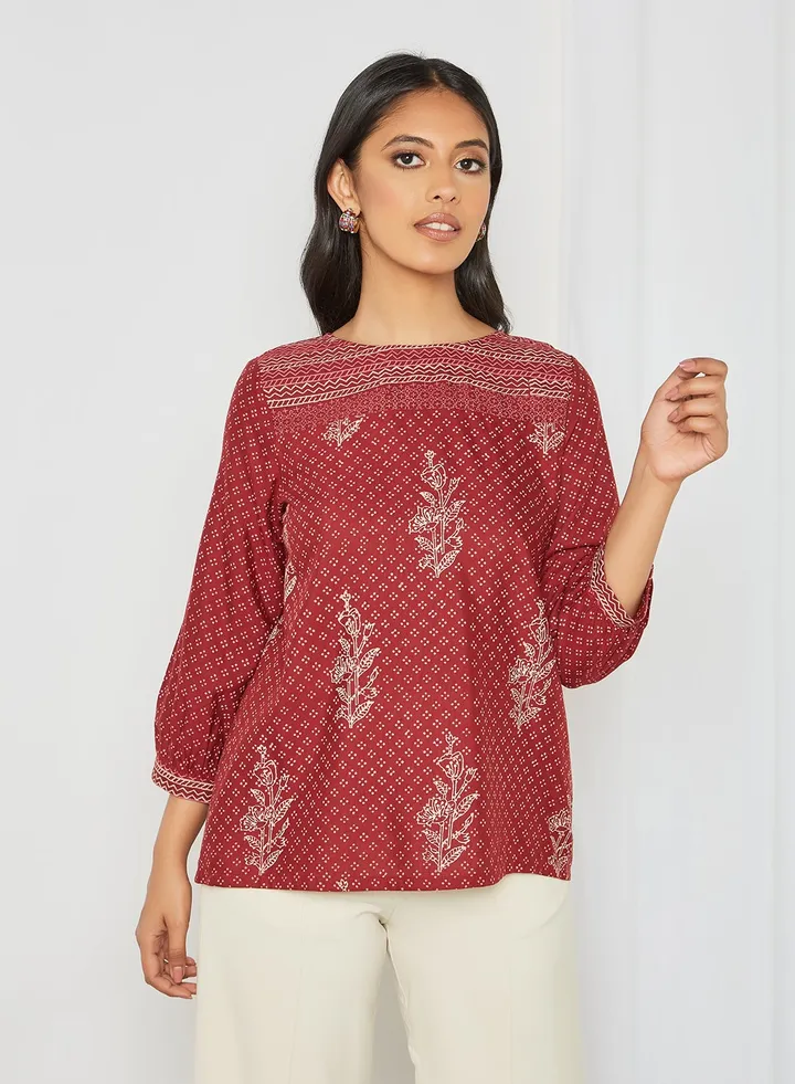 Printed Round Neck Top Maroon