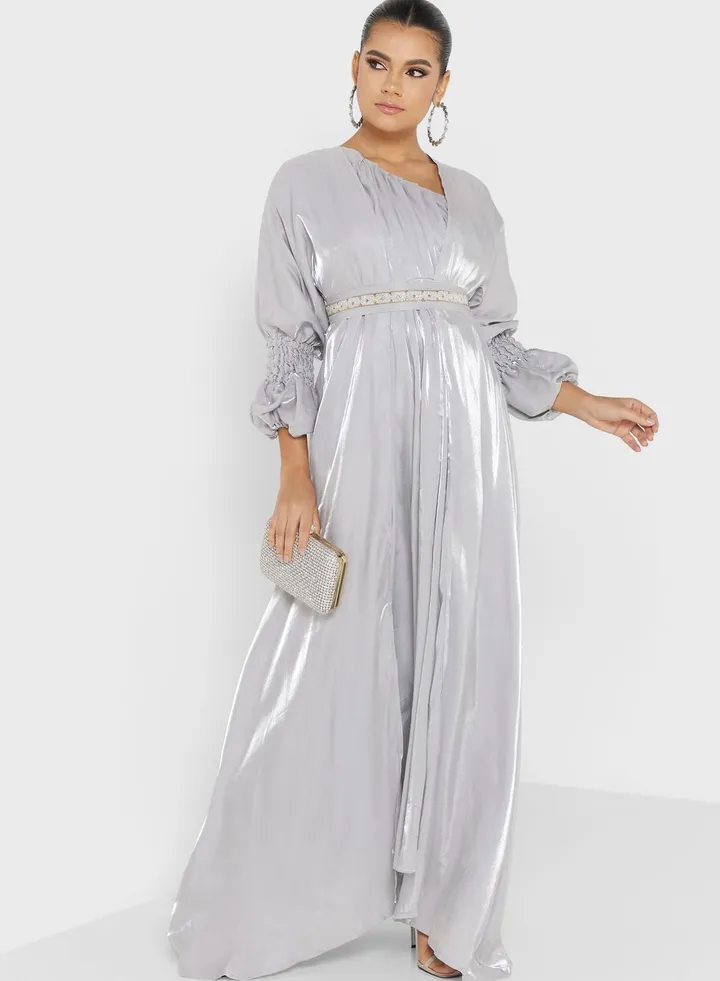Ruched Sleeve Embellished Tiered Dress