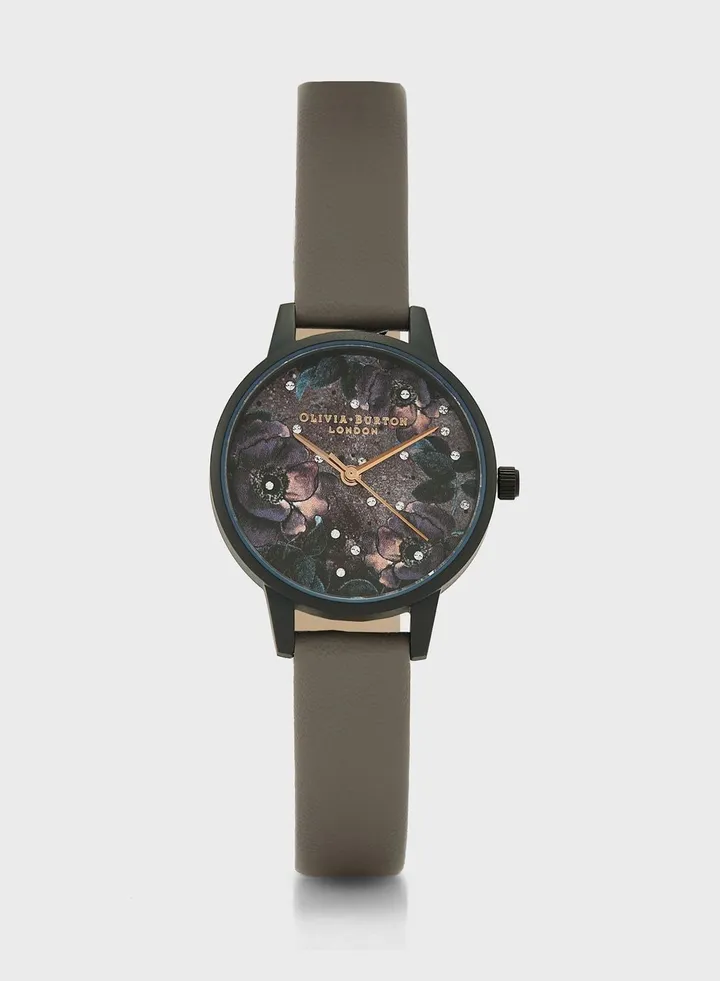 Dark Purple & 3D Print Floral & Stone Analog Watch