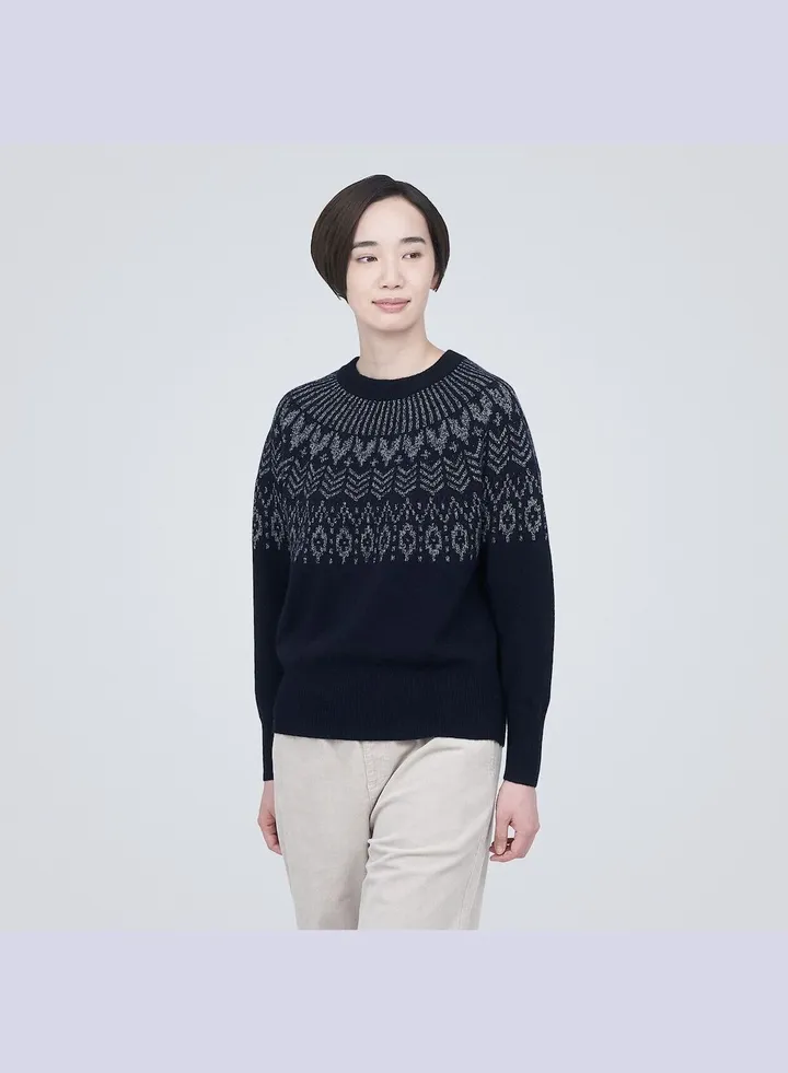 Wool Jacquad Pattern Crew Neck Sweater