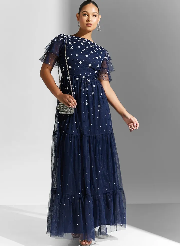 Ruffle Sleeve Embellished Tiered Dress