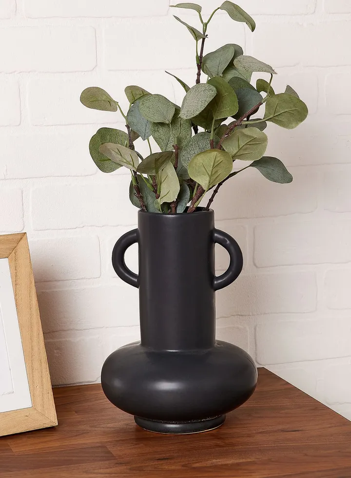25Cm Bulbous Vase With Long Neck & Handles - Matt Black