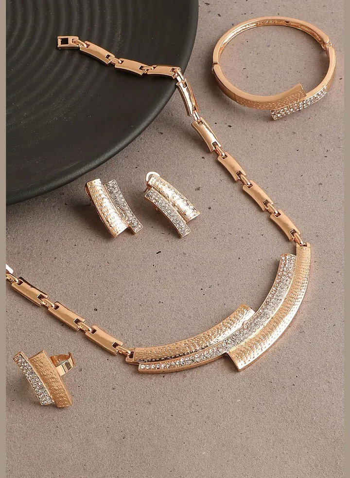 Gold Plated Designer Stone Necklace, Earring, Ring and Bracelet Set