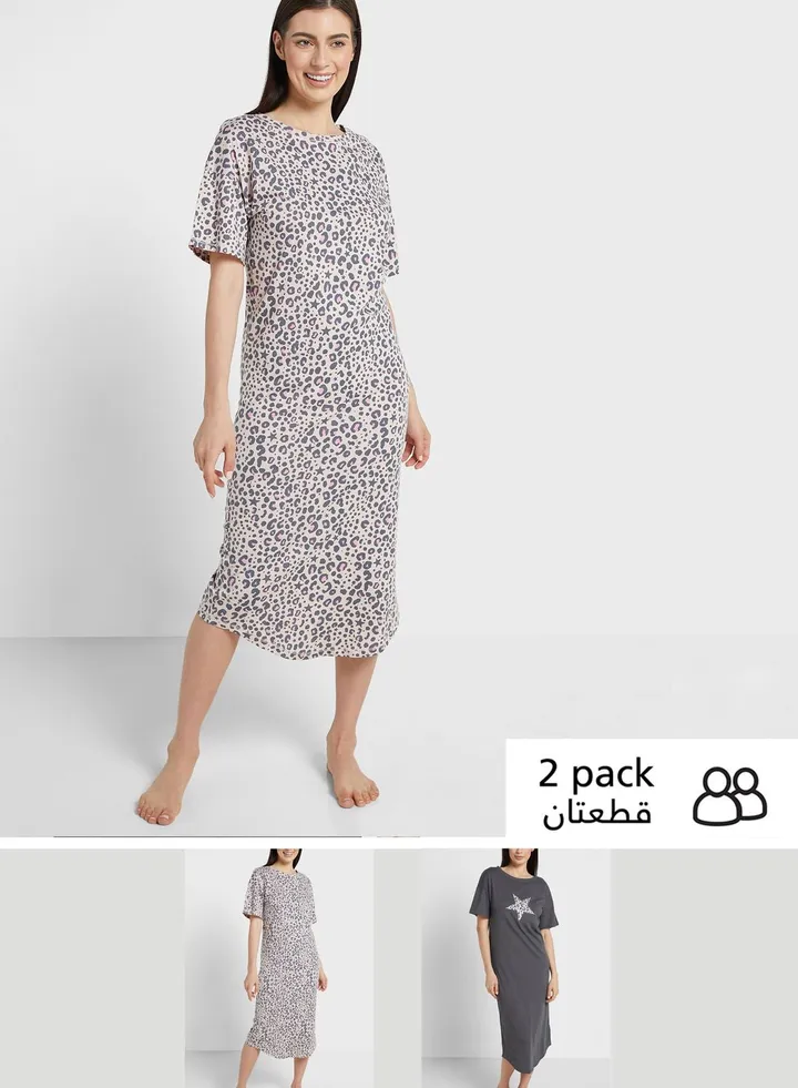2 Pack Cotton Rich Animal Print Nightdresses