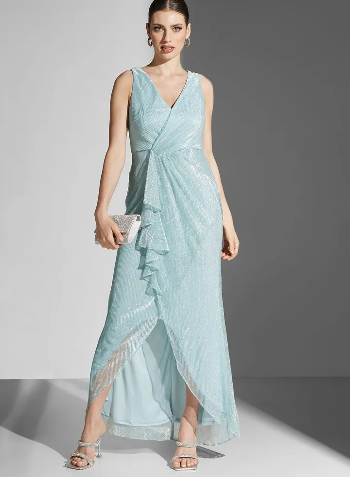Surplice Neck Waterfall Trim Dress