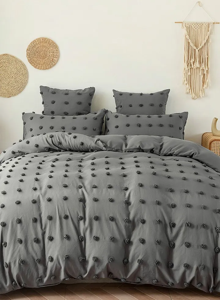 Premium Grey Pom Pom King Bedding Set 220X240Cm