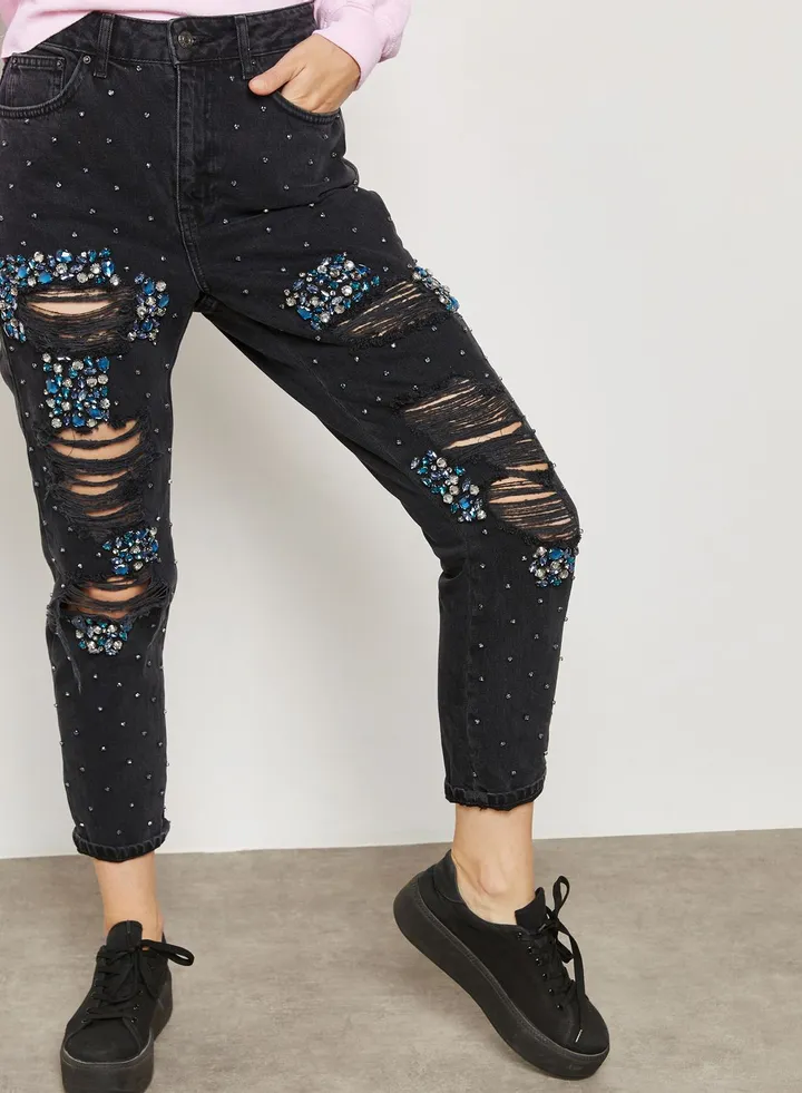 Embellished Ripped Mom Jeans