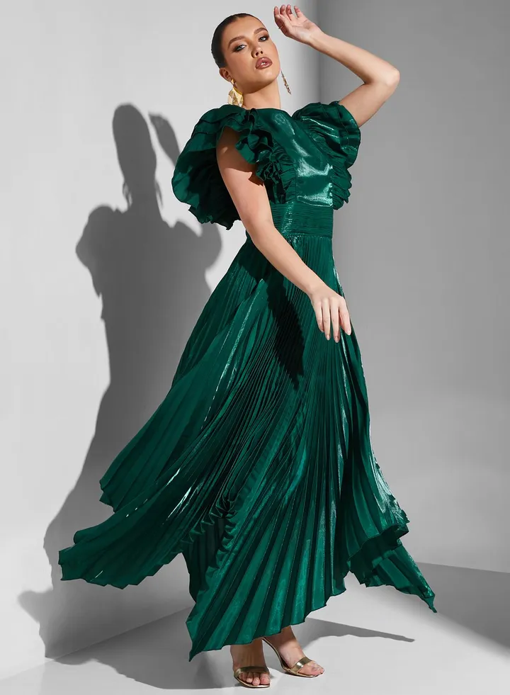 Ruffle Sleeve Plisse Asymmetrical Dress
