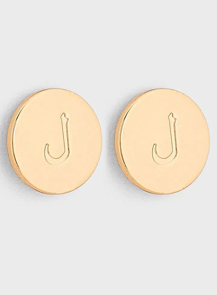 Arabic Initial "L" Disc Stud Earrings