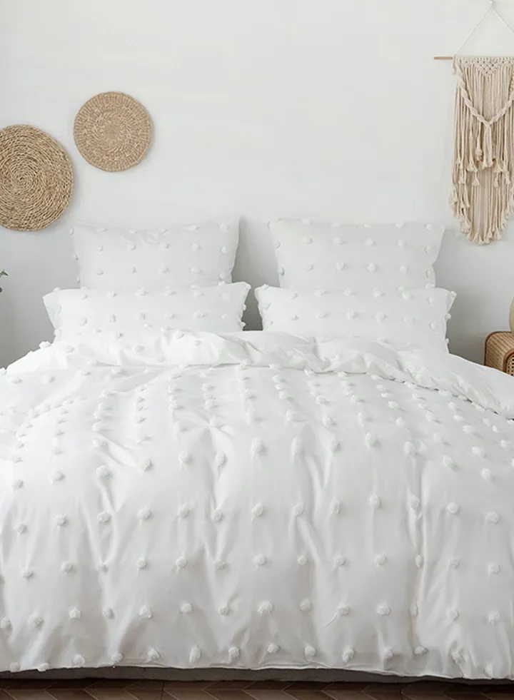 Premium White Pom Pom King Bedding Set 220X240Cm