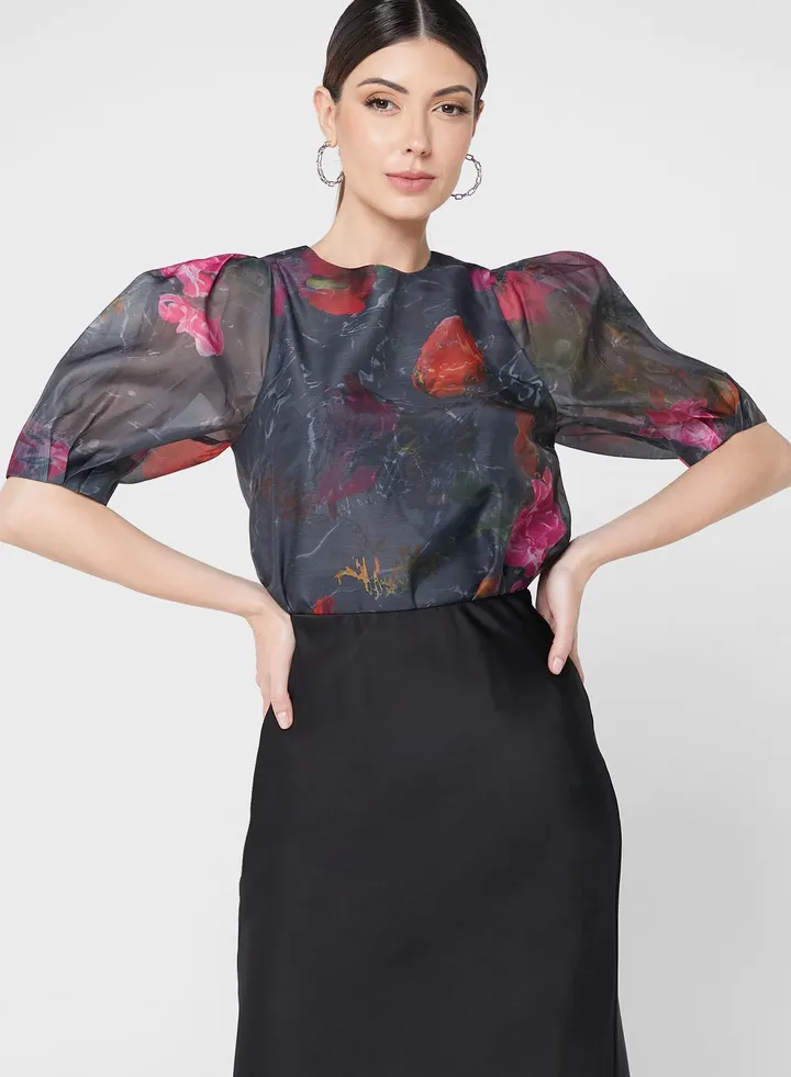 Puff Sleeve Floral Crop Top