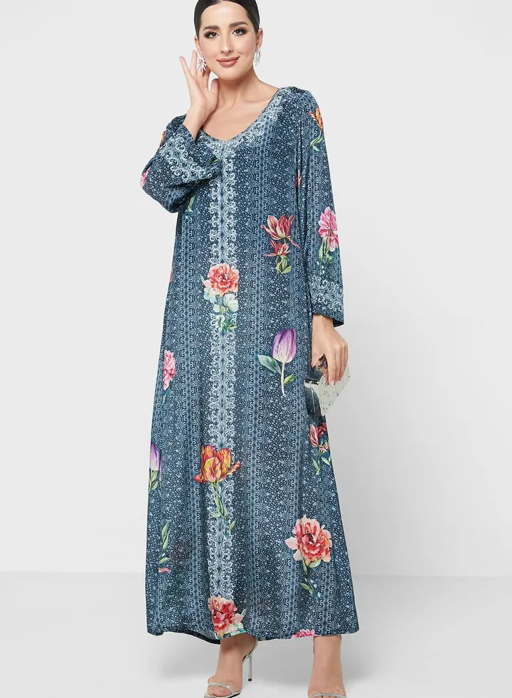 Crepe Jalabiya With Floral Print