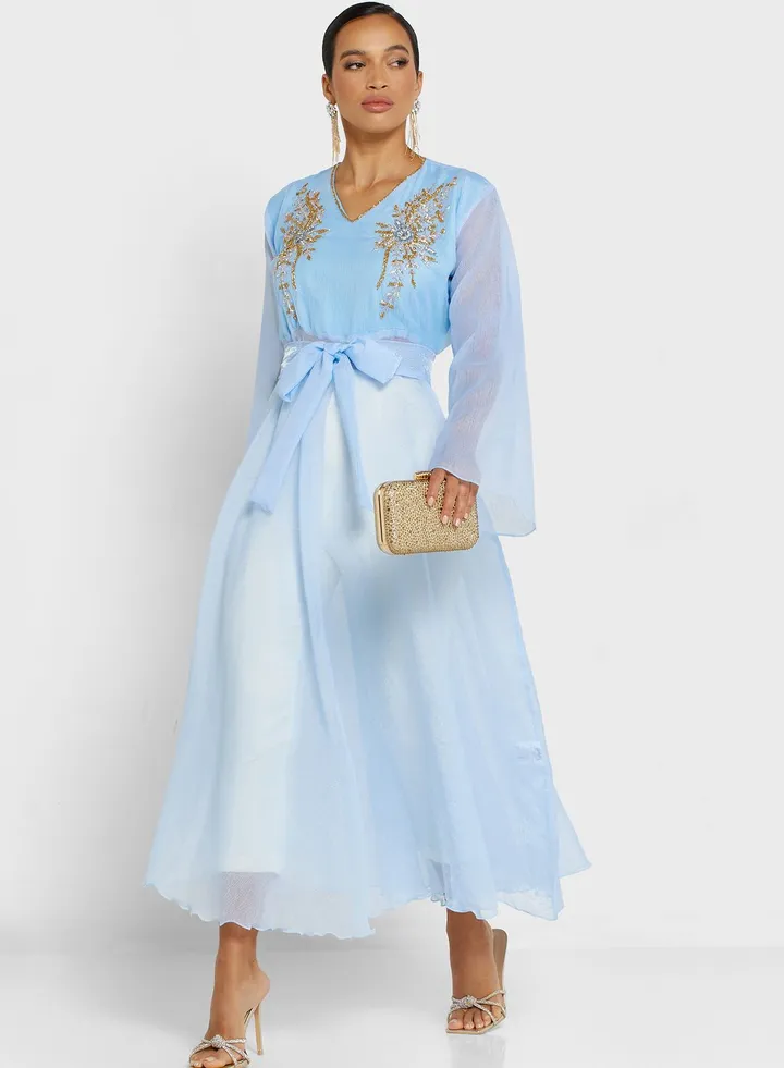 V-Neck Embellished Belted Jalabiya