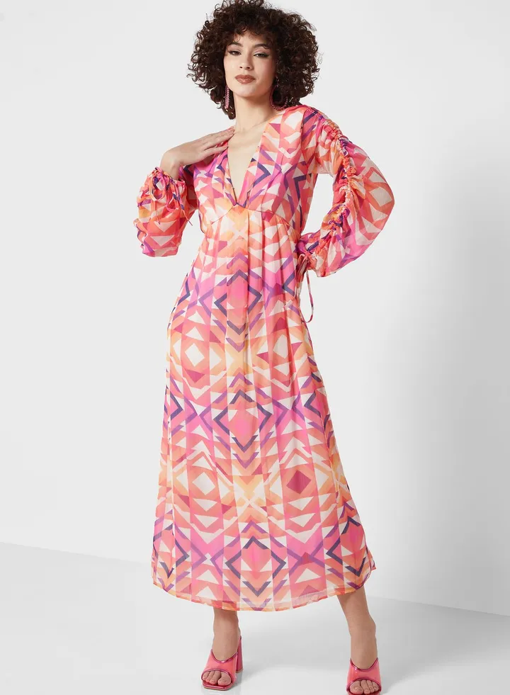 Plisse Balloon Sleeve Dress
