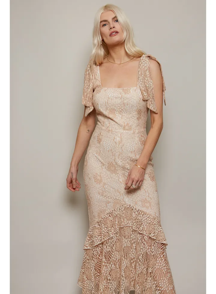 Little Mistress Cream Dropped Hem Lace Midaxi Dress