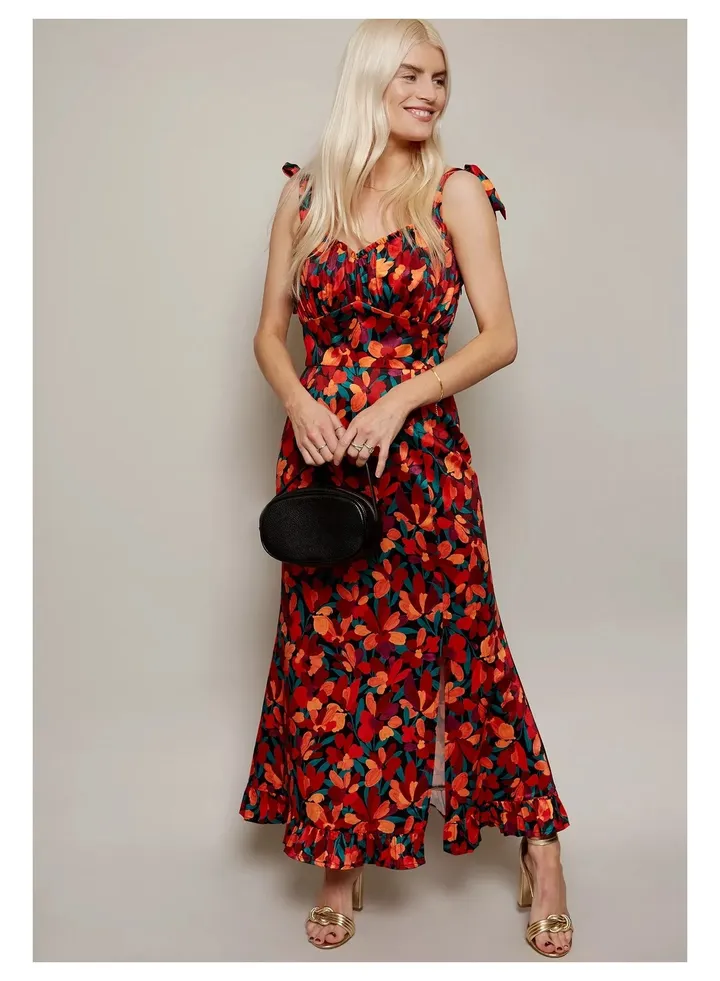Little Mistress Floral Midaxi Dress With Tie Sleeve Detail