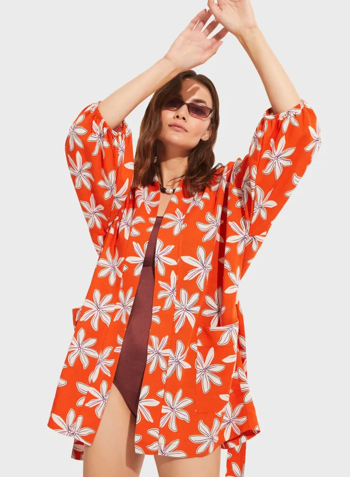 Puff Sleeve Floral Printed Kimono