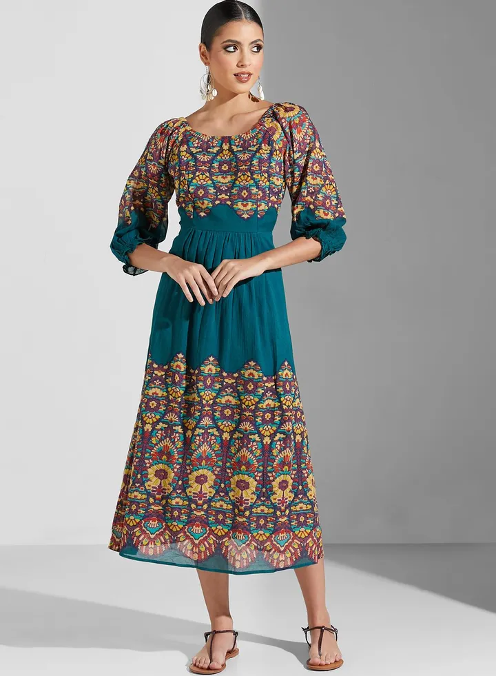 Balloon Sleeve Printed Pleat Detail Dress