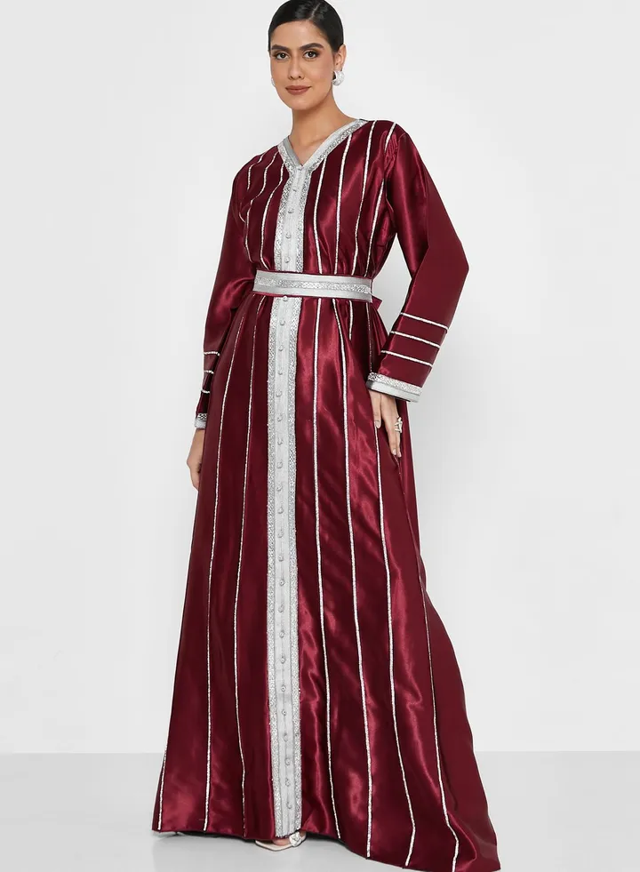 Embellished V-Neck Belted Dress