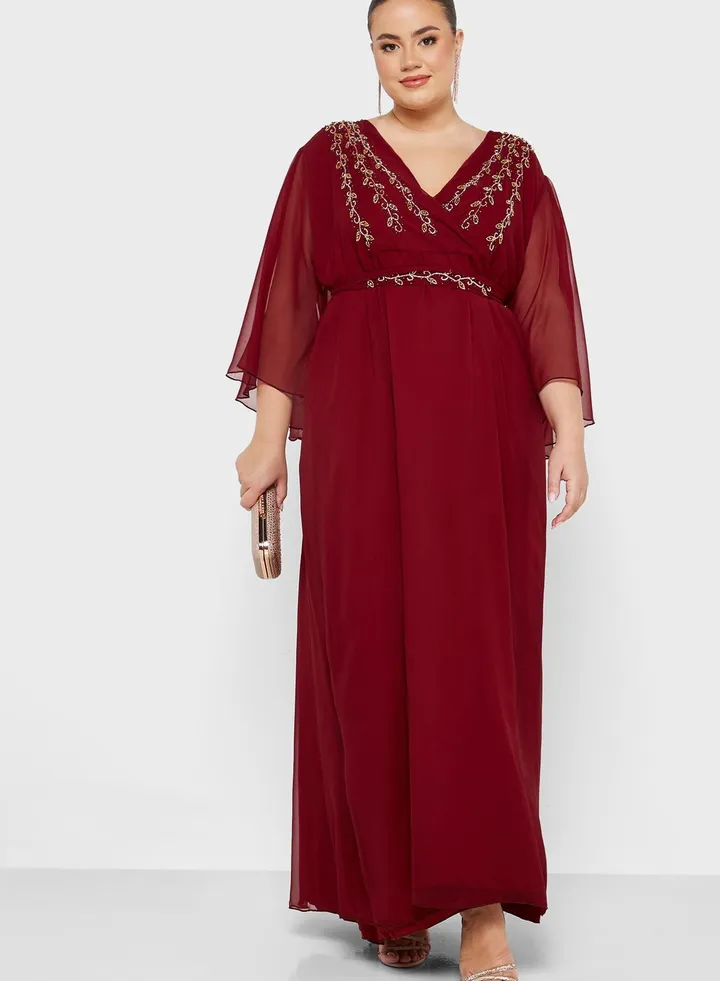 Surplice Neck Embellished Plisse Dress