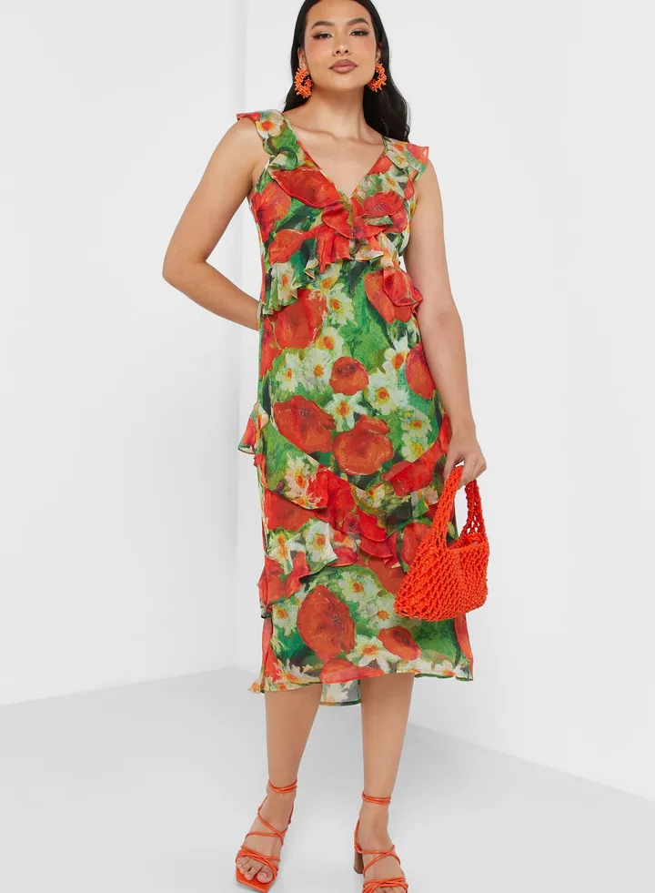 Cross Back Ruffle Detail Dress