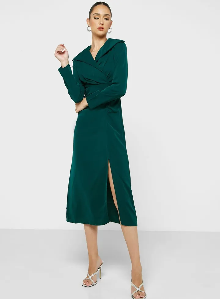 Ruched Detail Dress With Slit