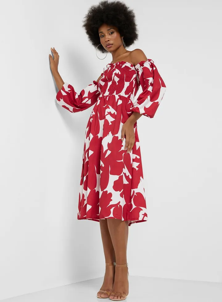 Off Shoulder Smocked Printed Dress