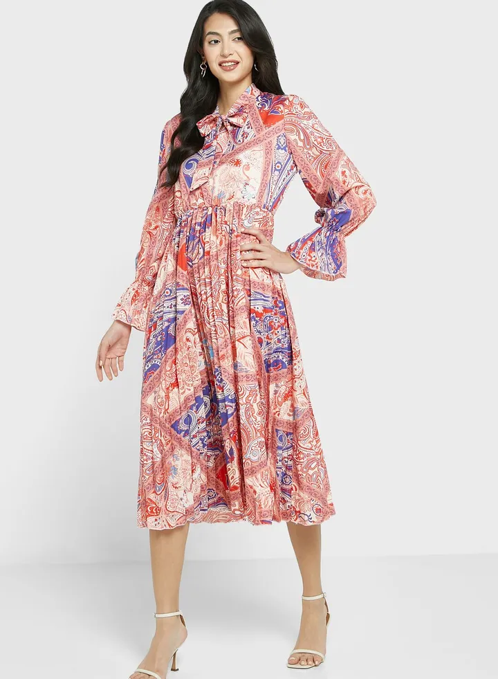 Printed Semi Pleated Dress