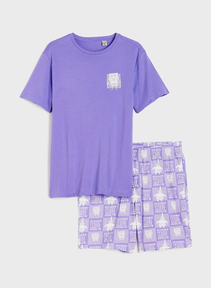 Printed Crew Neck T-Shirt & Pyjama Shorts Set