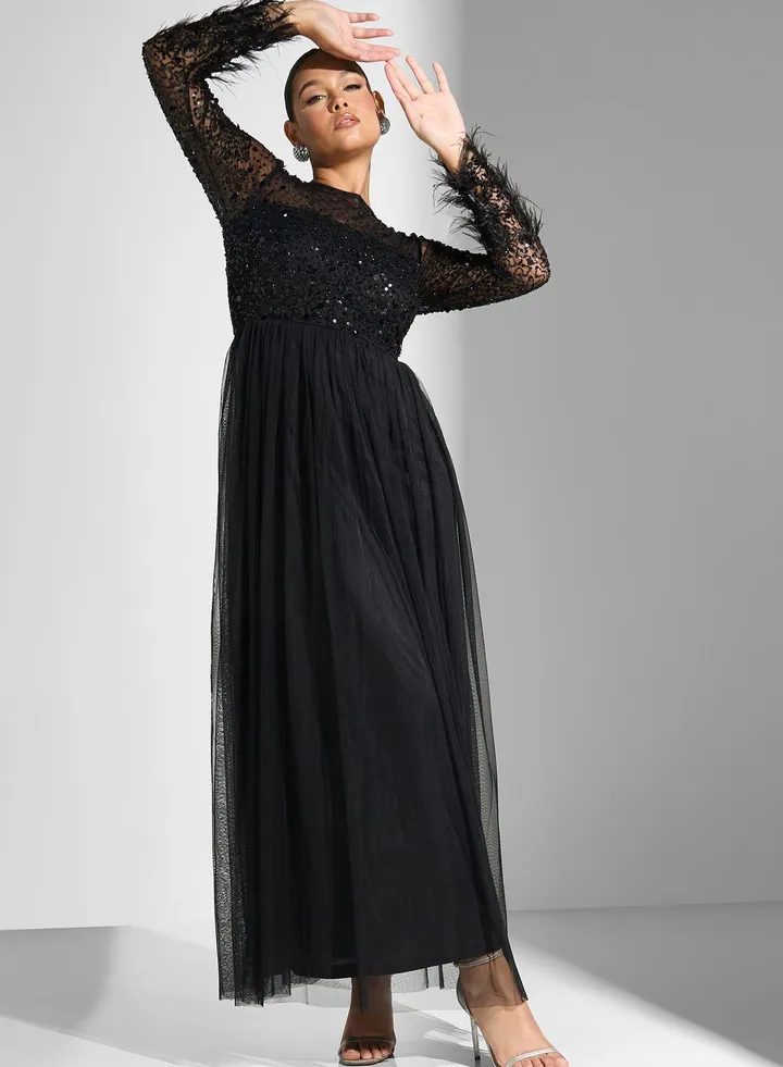 Fringe Sleeve Tiered Mesh Dress