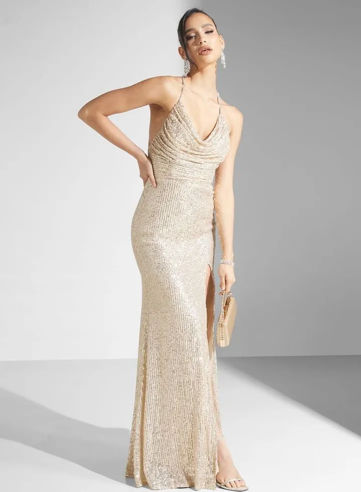 Ruched Lace Detail Side Slit Dress