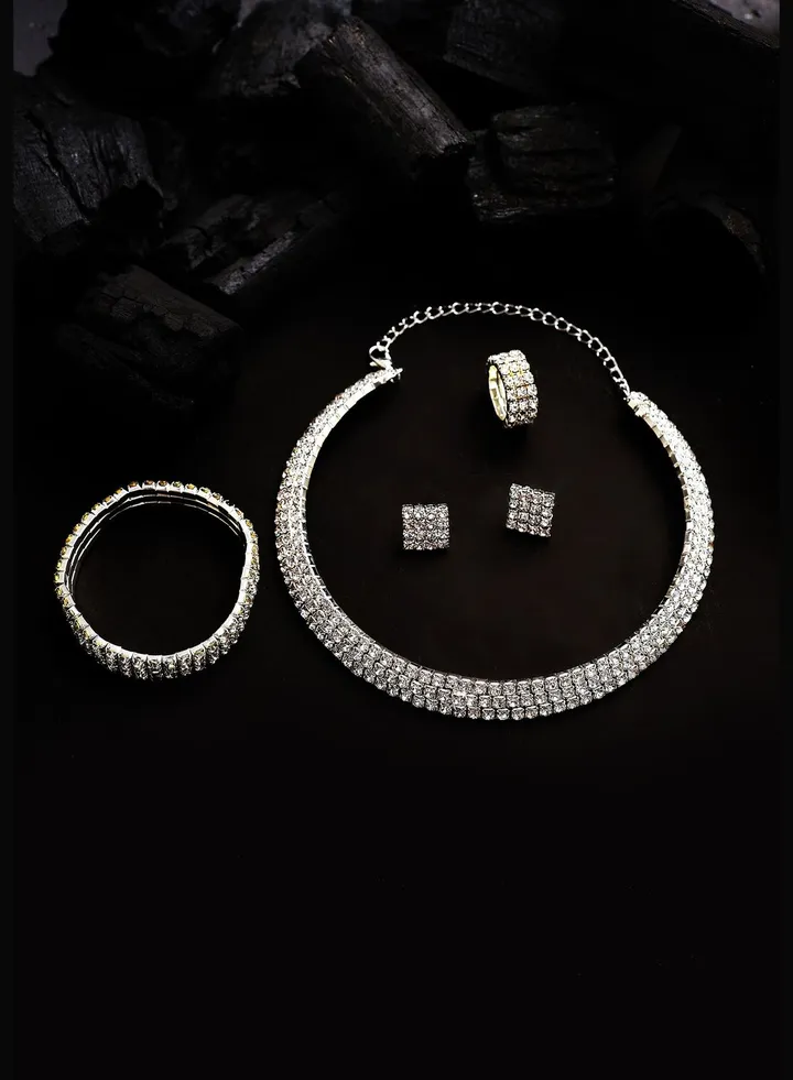 Silver Plated Designer Stone Necklace, Earrings, Bracelet and Ring Set