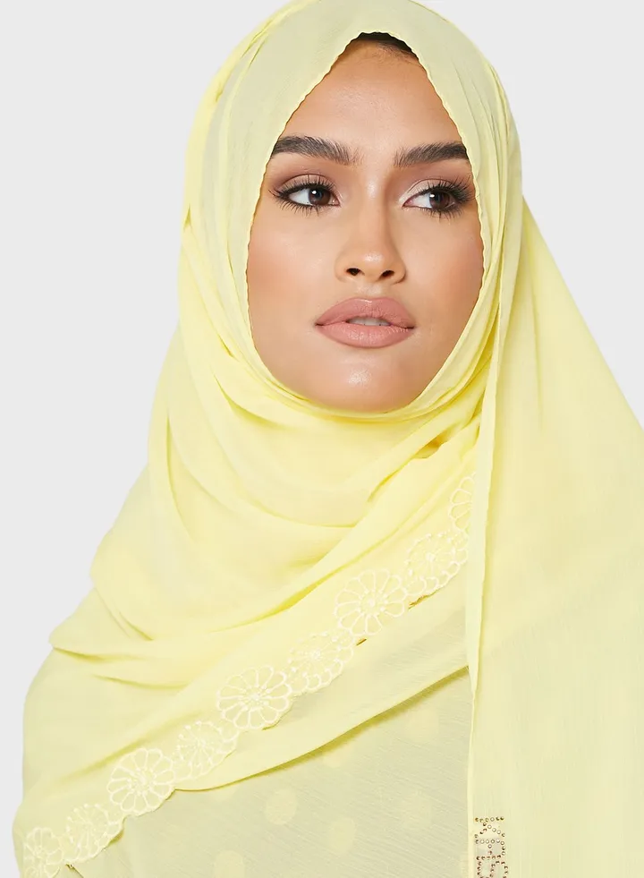 Chiffon Hijab With Crinkle Embroidery And The Logo Studded On The Side