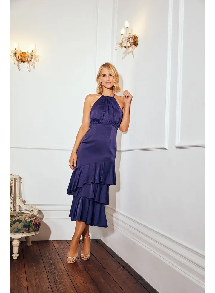 Little Mistress Navy Satin Frill Midaxi