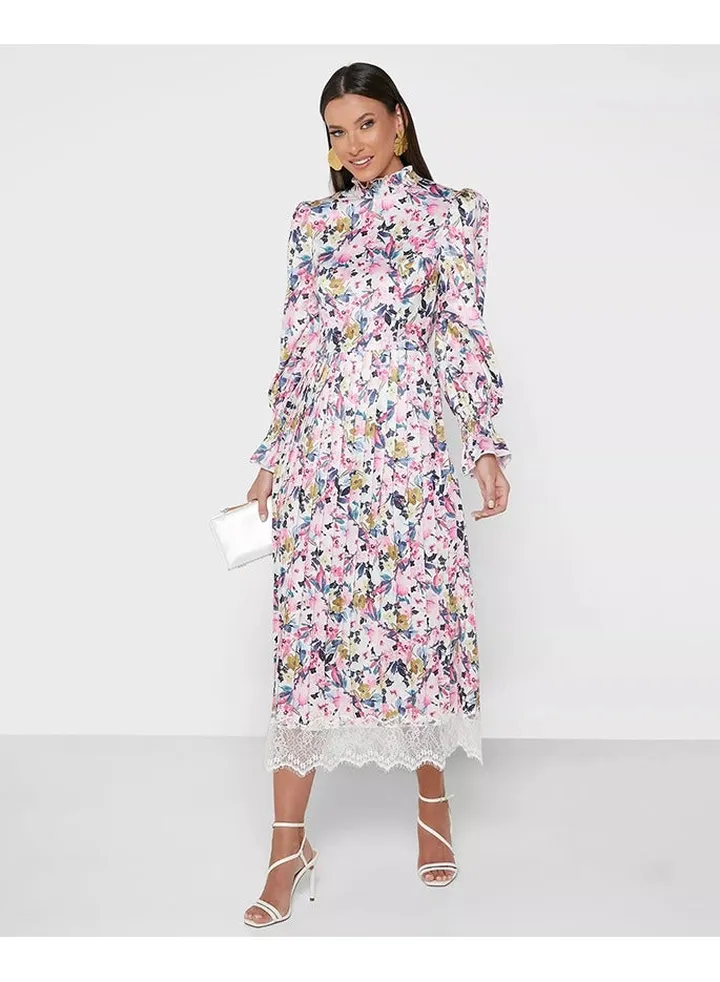 Little Mistress Pleated Floral Dress With Lace Hem