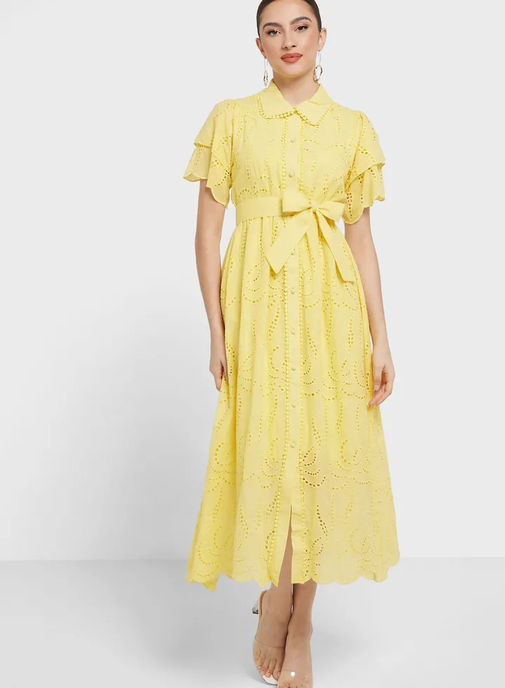 Schiffli Belted Dress
