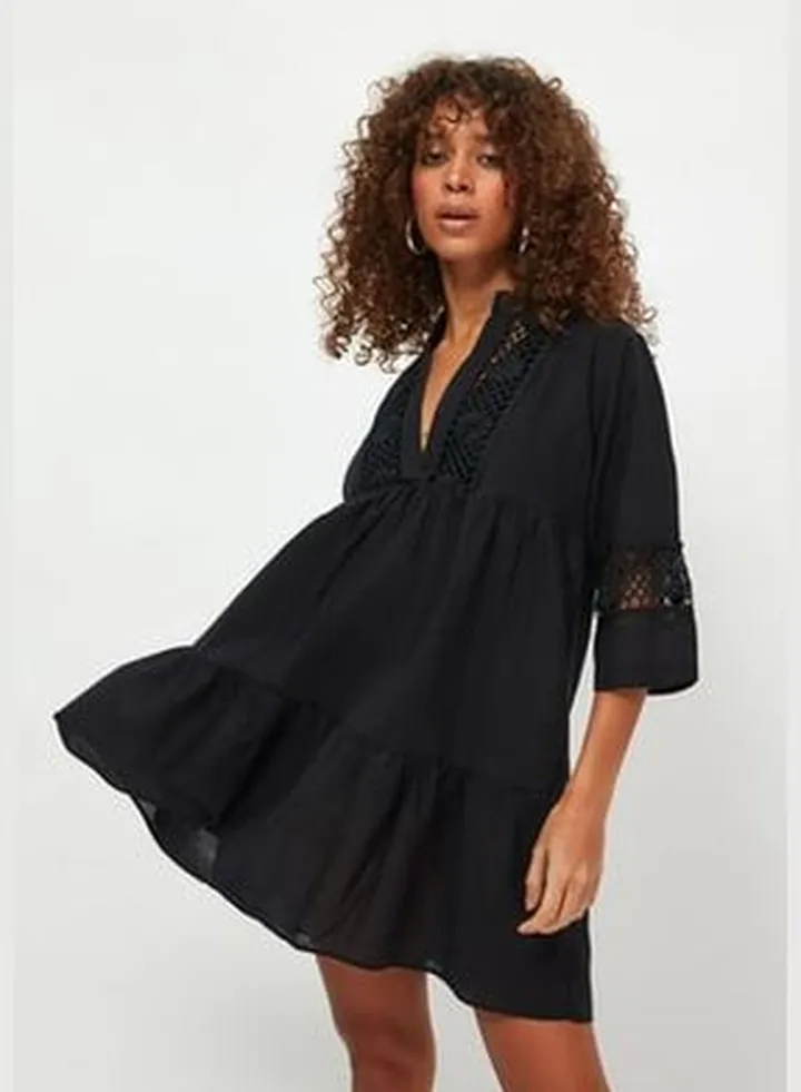 Black Mini Woven Stripe Accessorized 100% Cotton Beach Dress TBESS20EL0854