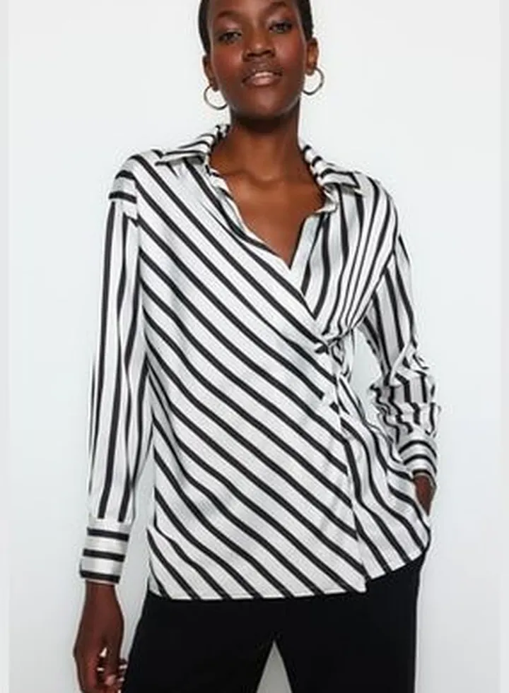 Black Striped Double Breasted Satin Woven Shirt TWOAW24GO00093