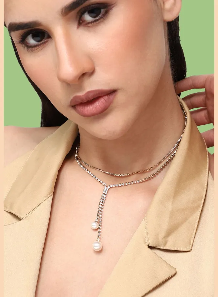 Silver Plated Party Designer Stone Layered Necklace For Women
