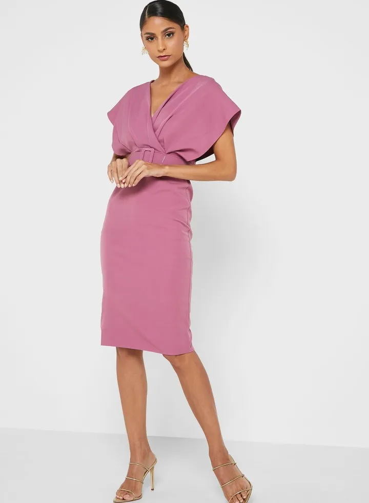 Surplice Detail Belted Dress