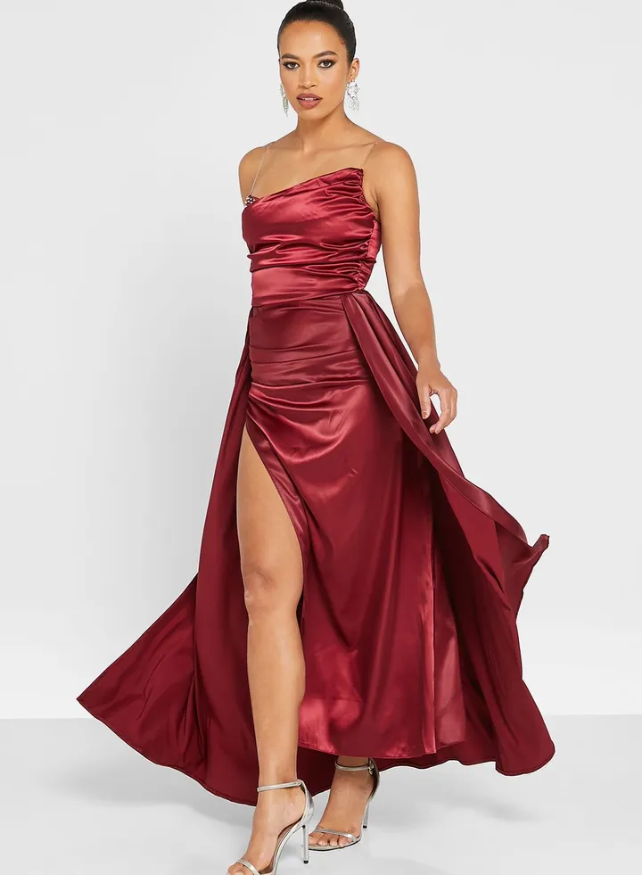 Sweetheart Ruched Dress With Slit