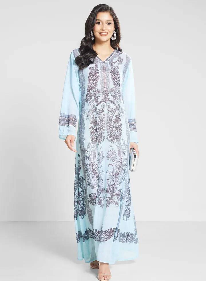 V-Neck Floral Printed Jalabiya