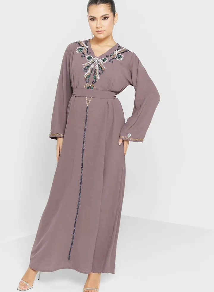 V-Neck Embellished Jalabiya